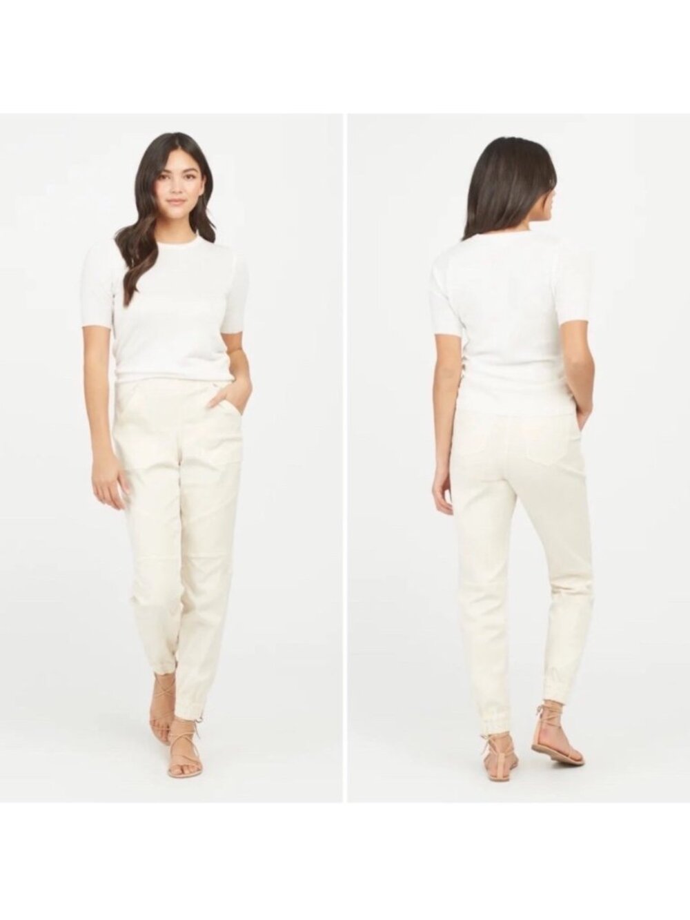 Spanx Stretch Twill Cargo Jogger Pants Womens M Cream pockets & Zipper Detail
